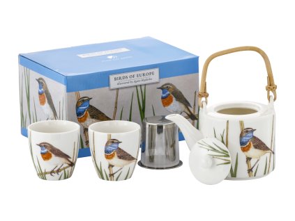 Čajová sada Konvička se sítkem 600 ml šálky 2 x 150 ml Slavík modráček