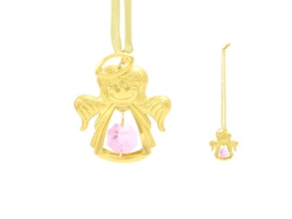 Anděl s andělskou stuhou růžový křišťál 6 cm gold