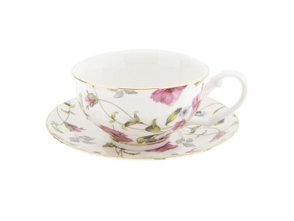 Clayre & Eef - Porcelánový šálek s podšálkem s kvetoucí rostlinou - Ø 13*2 / 12*9*5 cm