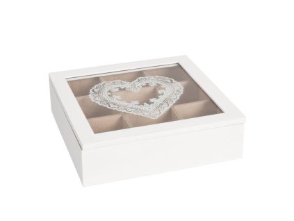 Clayre & Eef - Krabička na čajové sáčky HEARTS WHITE