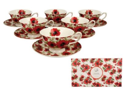 Porcelánové šálky s podšálkem v dekoru VLČÍ MÁK v dárkové krabičce - 6*200 ml