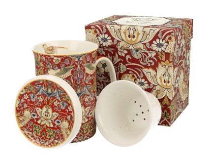 Porcelánový hrnek na stopce se sítkem a víčkem William Morris STRAWBERRY THIEF RED v dárkové krabičce - 300