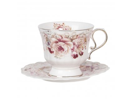 Clayre & Eef - Porcelánový šálek s podšálkem - 12*9*8 / ? 15*1 cm / 0,2L