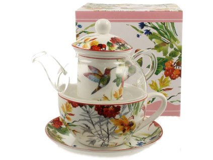 Porcelánový hrnek s konvičkou v dekoru s ptáčkem v dárkové krabičce - 200 ml