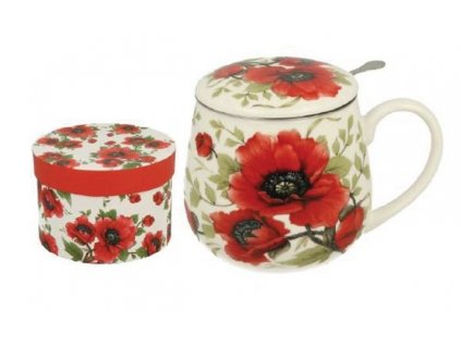 Porcelánový hrnek s víčkem a kov. sítkem v dárkové krabičce v dekoru VLČÍ MÁK - 430 ml