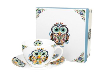 Porcelánový šálek s podšálkem v dekoru sovy - 250 ml
