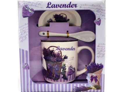Porcelánový hrnek s podšálkem a lžičkou ,,Levandule Koš s uchem" v dárkové krabičce - 240 ml