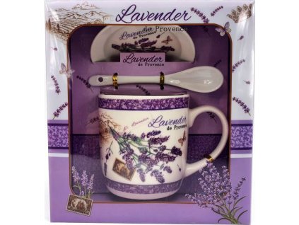 Porcelánový hrnek s podšálkem a lžičkou ,,Lavender Známka" v dárkové krabičce - 240 ml