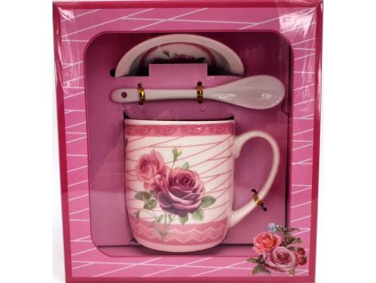 Porcelánový hrnek s podšálkem a lžičkou ,,Růže 2 růže malé" v dárkové krabičce - 240 ml
