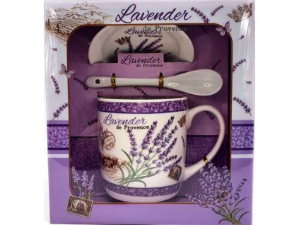 Porcelánový hrnek s podšálkem a lžičkou,Lavender Dům v dárkové krabičce - 240 ml