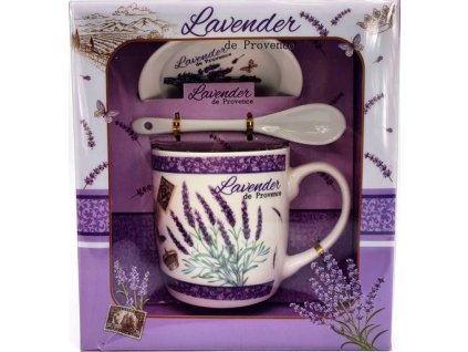 Porcelánový hrnek s podšálkem a lžičkou, Lavender Koruna v dárkové krabičce - 240 ml