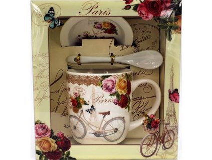 Porcelánový hrnek s podšálkem a lžičkou ,,Paris Kolo z boku" v dárkové krabičce - 240 ml