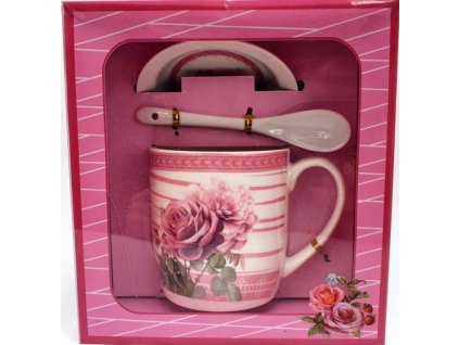 Porcelánový hrnek s podšálkem a lžičkou ,,Růže 2 růže velké" v dárkové krabičce - 240 ml