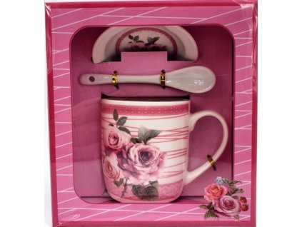 Porcelánový hrnek s podšálkem a lžičkou ,,Růže 3 růže" v dárkové krabičce - 240 ml