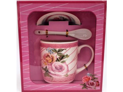 Porcelánový hrnek s podšálkem a lžičkou ,,Růže Žlutá + růžová" v dárkové krabičce - 240 ml