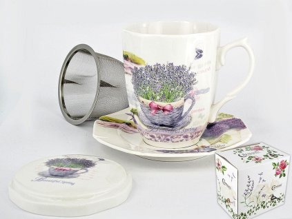 Carmani - Porcelánový hrnek se sítkem,víčkem a podšálkem LEVANDULE v dárkové krabičce - 300 ml