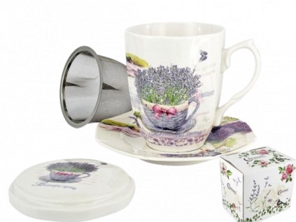 Carmani - Porcelánový hrnek se sítkem,víčkem a podšálkem LEVANDULE v dárkové krabičce - 300 ml