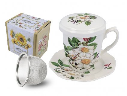 Carmani - Porcelánový hrnek se sítkem,víčkem a podšálkem KVETOUCÍ TŘEŠEŇ v dárkové krabičce - 300 ml