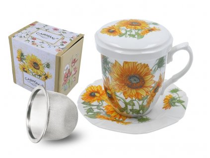 Carmani - Porcelánový hrnek se sítkem,víčkem a podšálkem SLUNEČNICE v dárkové krabičce - 300 ml