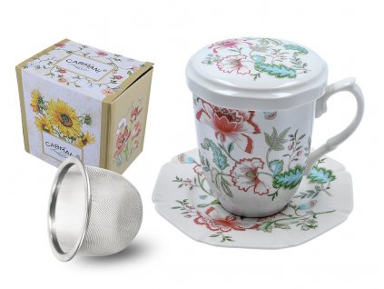 Carmani - Porcelánový hrnek se sítkem,víčkem a podšálkem KVĚTY v dárkové krabičce - 300 ml