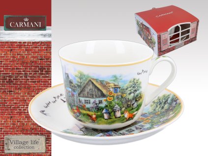 Carmani - Porcelánový šálek s podšálkem "Venkovský dům" v dárkové krabičce - 400 ml
