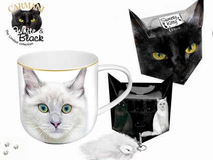 Carmani - Porcelánový hrníček "Bílá kočka" v dárkové krabičce s ocáskem - 500 ml