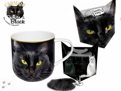 Carmani - Porcelánový hrníček "Černá kočka" v dárkové krabičce s ocáskem - 500 ml