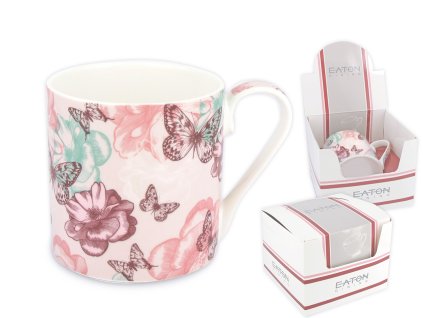 EATON - Porcelánový hrníček "Turin Butterfly Dream - růžové pozadí" v dárkové krabičce - 350 ml