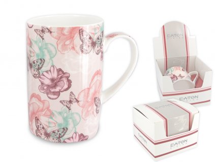 EATON - Porcelánový hrníček "London Buttefly Dream - růžové pozadí" v dárkové krabičce - 350 ml