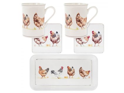 Sada porcelánových šálků s podšálky na tácku "Drůbež"