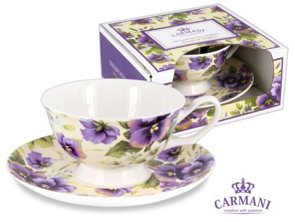 Carmani - Porcelánový šálek s podšálkem "Macešky" v dárkové krabičce - 200 ml