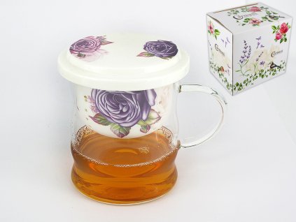 Carmani - Skleněný hrnek s porcelánovým sítkem a víčkem "RŮŽE" v dárkové krabičce - 350 ml