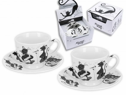 Carmani - Porcelánové šálky a podšálky na espresso "Černé zpívající kočky" - 2*100 ml