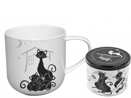 Carmani - Porcelánový hrníček "Kočka s koťaty" v plechové dóze - 500 ml