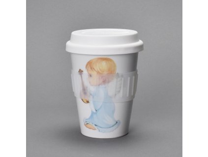 Porcelánový pohárek Coffee to Go s víčkem a páskou "Andílek - modrý" - 310 ml