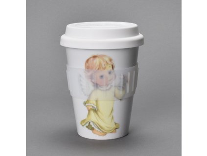 Porcelánový pohárek Coffee to Go s víčkem a páskou "Andílek - žlutý" - 310 ml