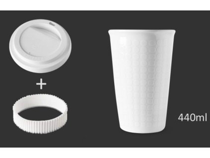 Porcelánový pohárek Coffee to Go s víčkem a páskou "Bílý tvarovaný" - 440 ml