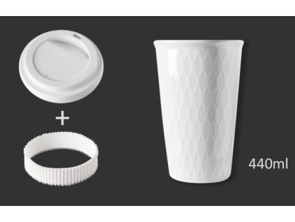 Porcelánový pohárek Coffee to Go s víčkem a páskou "Bílý - kosočtverce" - 440 ml