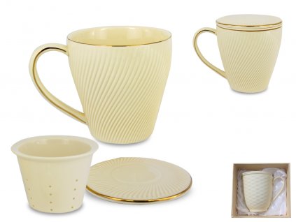 Porcelánový hrníček s infuzérem a víkem "Krémový se zlatou linkou"v krabičce - 350 ml