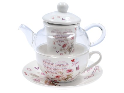 Skleněná konvička s porcelánovým šálkem "Růže na bílém podkladu" - konvice 350 ml, šálek - 220 ml