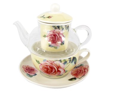 Skleněná konvička s porcelánovým šálkem "Růže na vanilkovém podkladu" - konvice 350 ml, šálek 220 ml
