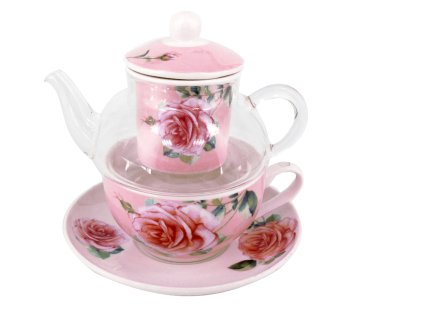 Skleněná konvička s porcelánovým šálkem "Růže na růžovém podkladu" - konvice 350 ml, šálek 220 ml