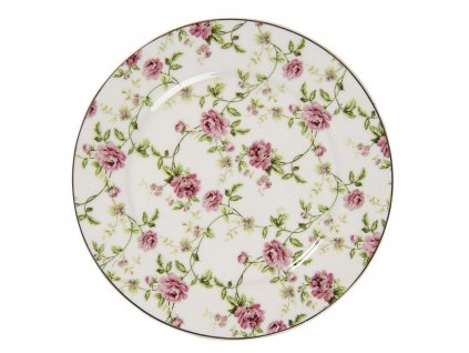 Clayre & Eef - Porcelánový talíř s jemným dekorem růžiček - Ø 21*2 cm