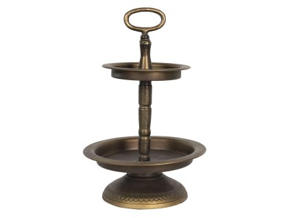 Clayre & Eef - Dvoupatrový kovový etažér v barvě zlato-hnědé patiny - Ø 22*34 cm