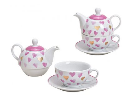 Porcelánová čajová souprava pro jednoho HEART "Růžová a zlatá srdíčka" (konvička 400 ml, šálek 200 ml)