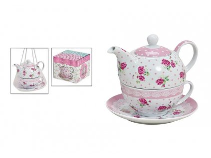 Porcelánová čajová souprava pro jednoho ROSES "s puntíky" - (konvička 350 ml, šálek 200 ml)