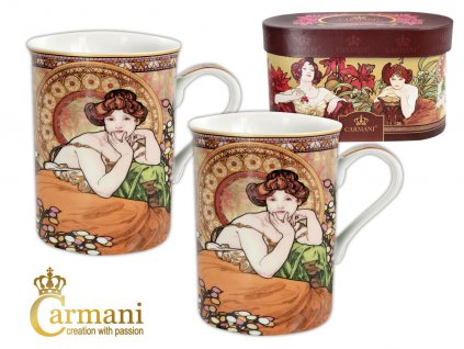 Carmani - Porcelánové hrnky Alfons Mucha "Topaz" v dárkové krabičce - 2*450 ml