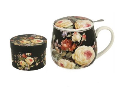 Porcelánový buclák s víčkem a kov. sítkem "Růže - tmavý podklad" v dárkové krabičce - 430 ml
