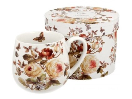 Porcelánový hrnek buclák "Růže s motýlem - světlý podklad" v dárkové krabičce - 430 ml