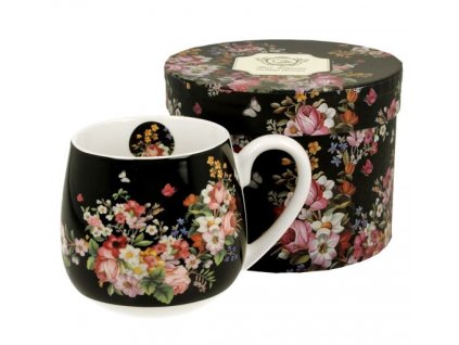 Porcelánový hrnek buclák "VINTAGE FLOWERS - BLACK" v dárkové krabičce - 430 ml